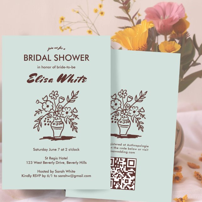 Invitación Floral Vase Rústica Whimsical Código QR Ducha de n (Floral Vase Rustic Whimsical Custom QR Code Bridal Shower Invitation Earthy Neutrals Sage
)