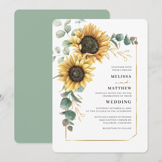 Invitación Floral vegetación de girasol Elegante Boda (Anverso / Reverso)