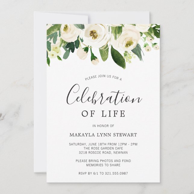 Invitación Floral vegetación Rosas Blancas Celebración de la  (Anverso)
