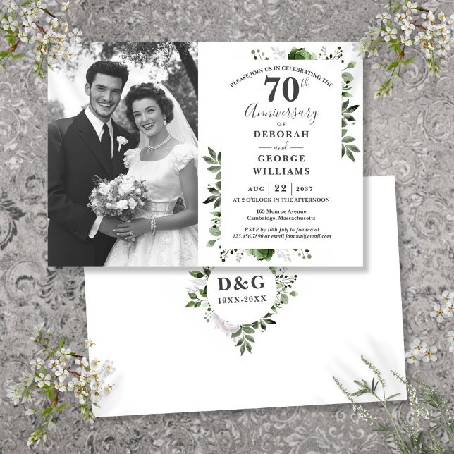Invitación Floral verde 70º aniversario del Boda foto (Greenery Floral 70th Wedding Anniversary Photo Invitation)
