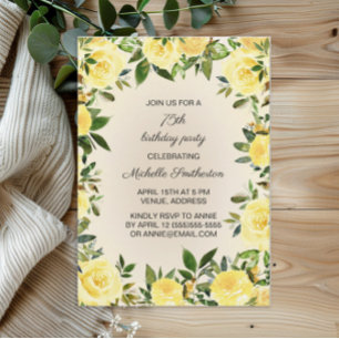 Invitación Floral Verde Acuarela Amarillo Cumpleaños 75