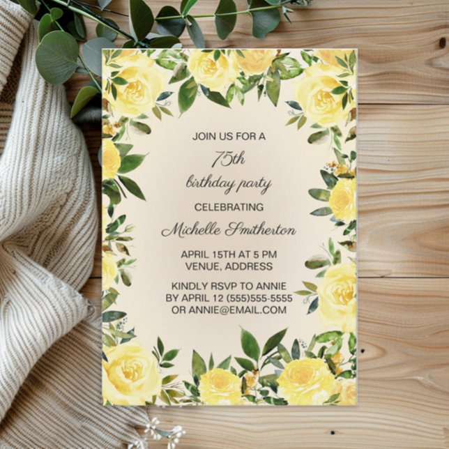 Invitación Floral Verde Acuarela Amarillo Cumpleaños 75 (Yellow floral and greenery 75th birthday party invitation)