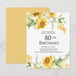 Invitación Floral Verde Acuarela Amarillo Cumpleaños 80