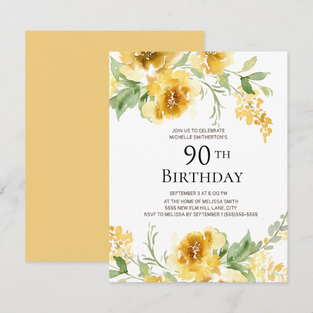 Invitación Floral Verde Acuarela Amarillo Cumpleaños 90 (Anverso / Reverso)