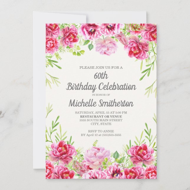 Invitación Floral Verde Acuarela Rosa Cumpleaños 60 (Anverso)