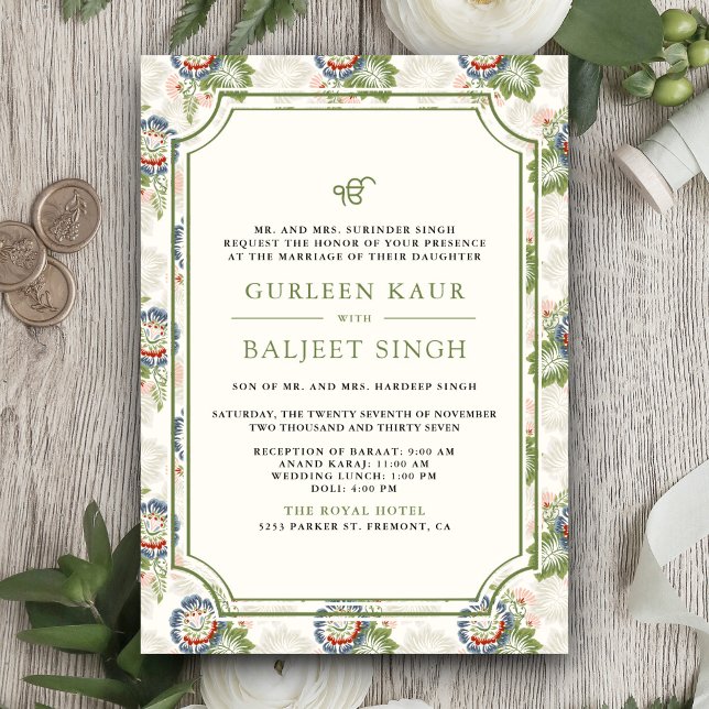 Invitación Floral verde azul Ikat Anand Karaj Sikh Boda (Subido por el creador)