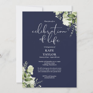 Invitación Floral Verde Azul Marino Celebración de la Vida
