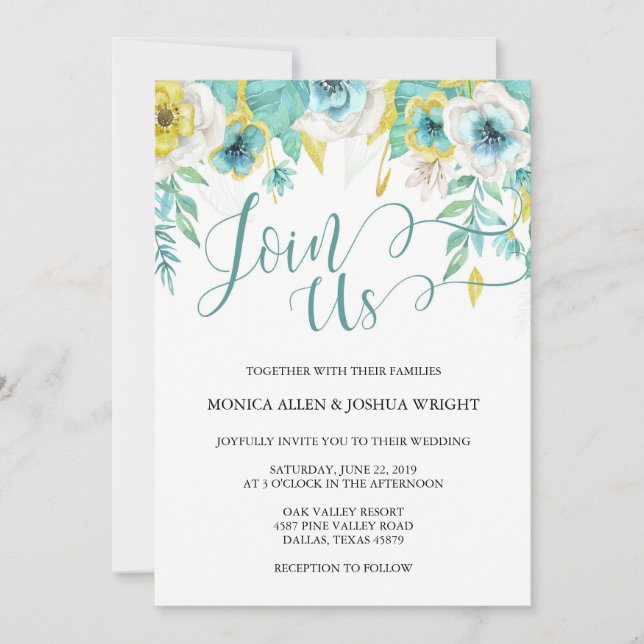 Invitación floral verde azulada de la boda de la (Anverso)