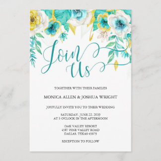 Invitación floral verde azulada de la boda de la