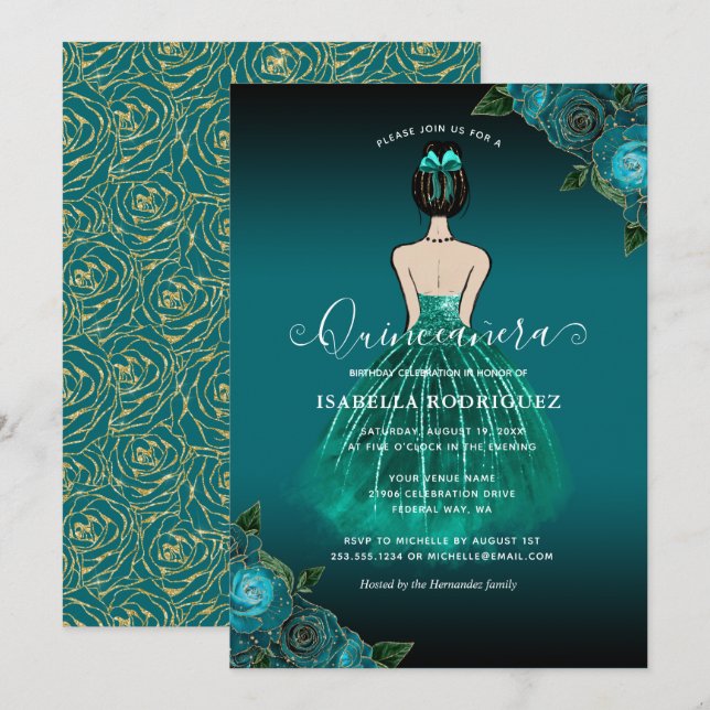 Invitación Floral Verde azulada Princesa Oro Cumpleaños Quinc (Anverso / Reverso)
