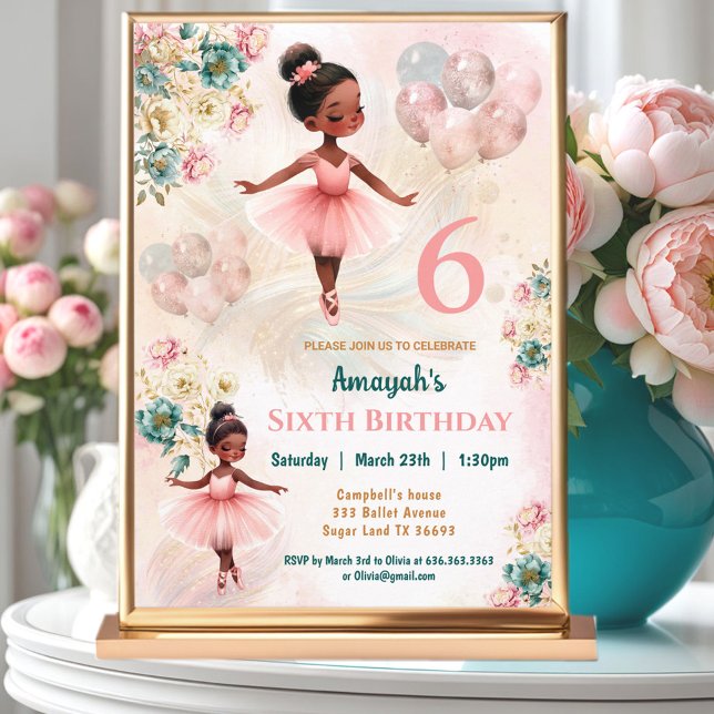 Invitación Floral Verde azulada rosa de piel oscura Ballerina (Pink Teal Floral Dark Skin Ballerina Girl Birthday Invitation)