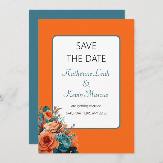Invitación Floral verde azulada y Naranja Guardar Boda de fec (Anverso / Reverso)