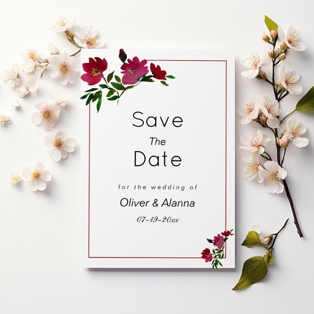 Invitación Floral verde borgoña rosa botánico Save The Date (Botanical pink burgundy green floral Save The Date)