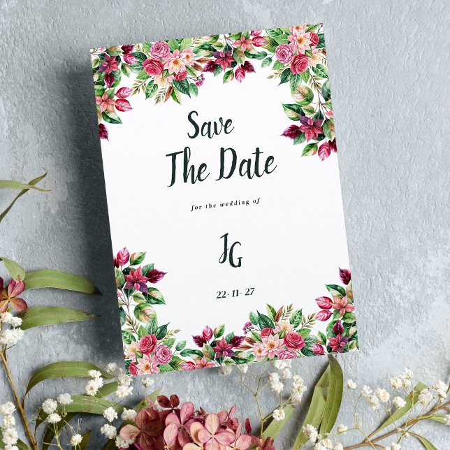 Invitación Floral verde borgoñona botánica salva la fecha (Botanic burgundy pink green floral Save The Date)