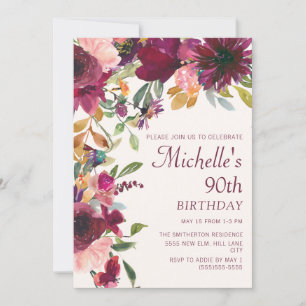 Invitación Floral Verde Burgundy Púrpura Cumpleaños 90