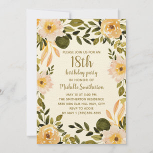 Invitación Floral Verde Crema Amarillo Cumpleaños 18