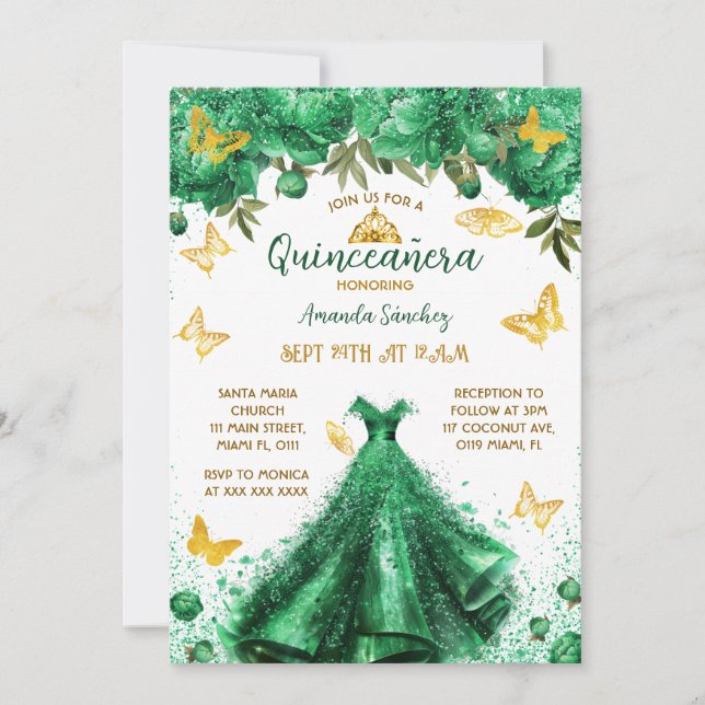 Invitación Floral verde de la princesa Quinceanera (Anverso)