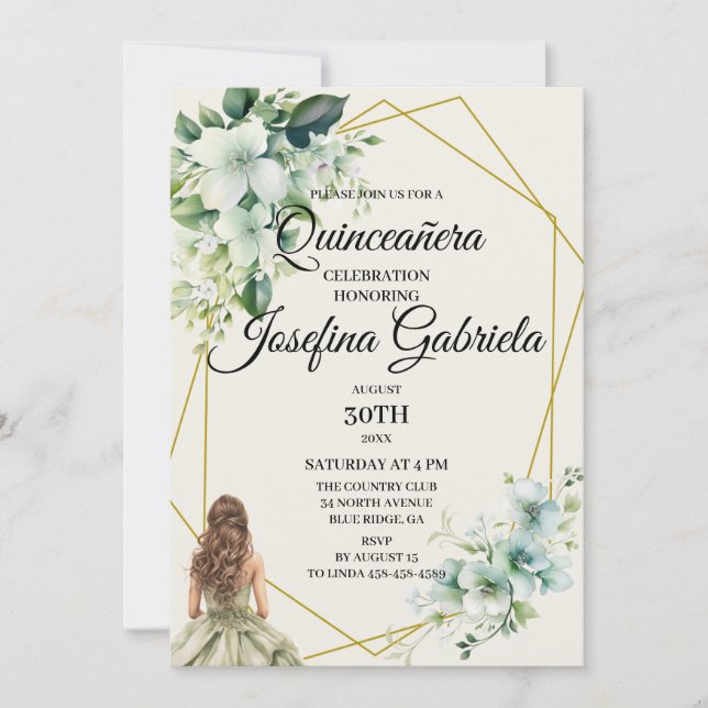 Invitación floral verde de Quinceañera (Anverso)