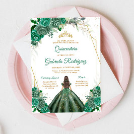 Invitación floral verde dorado Quinceañera