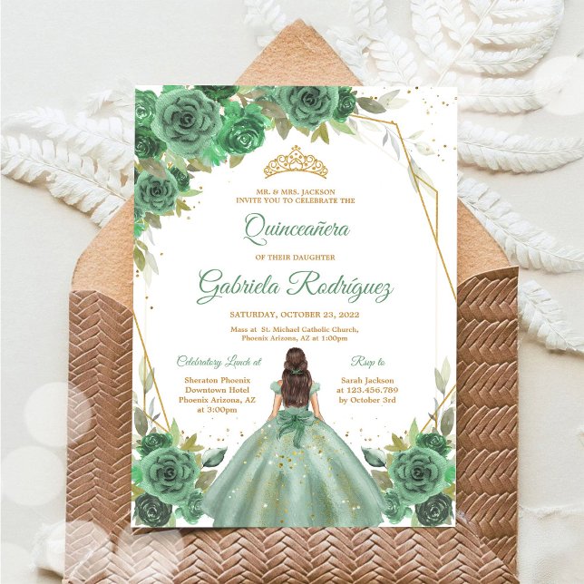 Invitación floral verde dorado Quinceañera (Subido por el creador)