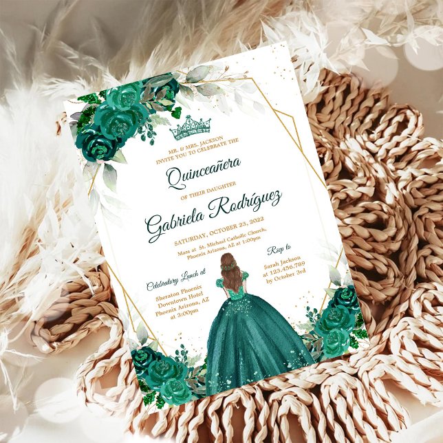 Invitación floral verde dorado Quinceañera (Subido por el creador)