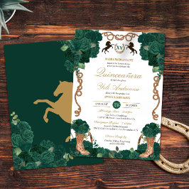 Invitación Floral verde esmeralda Charra Quinceanera