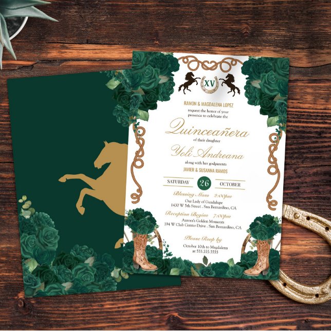 Invitación Floral verde esmeralda Charra Quinceanera (Subido por el creador)