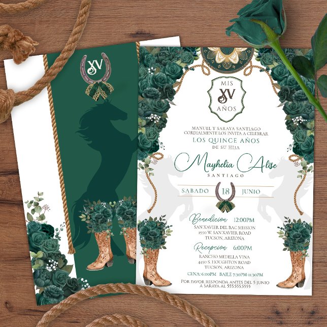 Invitación Floral verde esmeralda Charro Occidental Quinceañe (Subido por el creador)