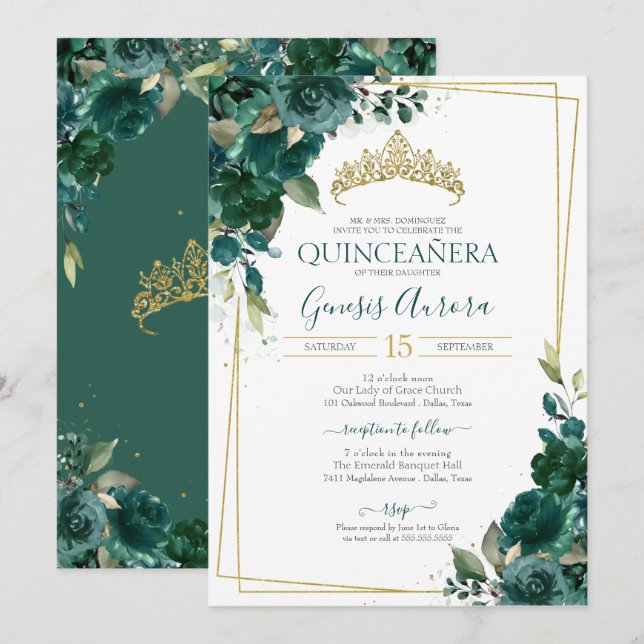 Invitación floral verde esmeralda de Quinceañera (Anverso / Reverso)