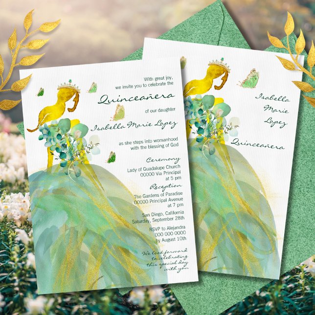 Invitación Floral verde esmeralda Golden Dreamy Quinceañera (Subido por el creador)