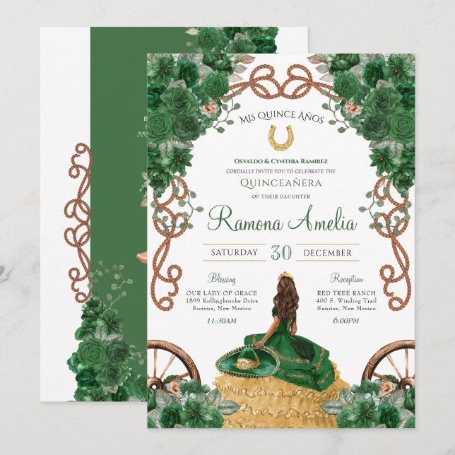 Invitación Floral verde esmeralda occidental Quinceañera (Anverso / Reverso)