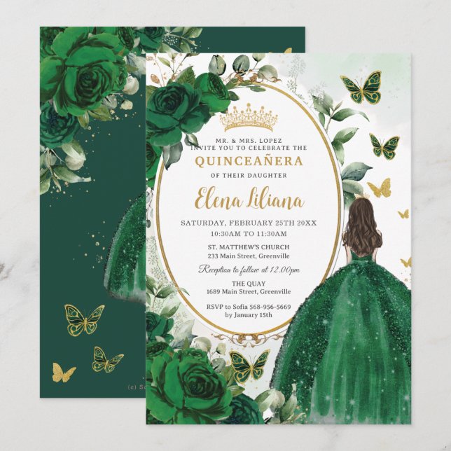 Invitación Floral verde esmeralda Princesa Dorada Quinceañera (Anverso / Reverso)