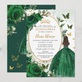 Invitación Floral verde esmeralda Princesa Dorada Quinceañera