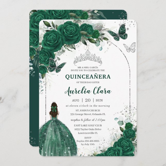 Invitación Floral verde esmeralda Princesa Plata Quinceañera (Anverso / Reverso)
