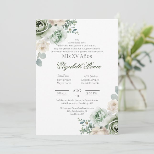 Invitación Floral verde esmeralda Quinceañera (Anverso de pie)