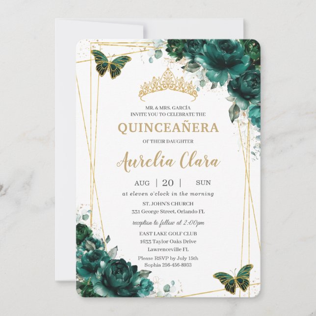 Invitación Floral verde esmeralda Quinceanera dulce 16 cumple (Anverso)