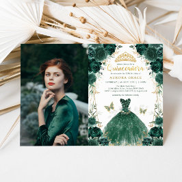 Invitación Floral verde esmeralda Quinceañera Princesa Foto