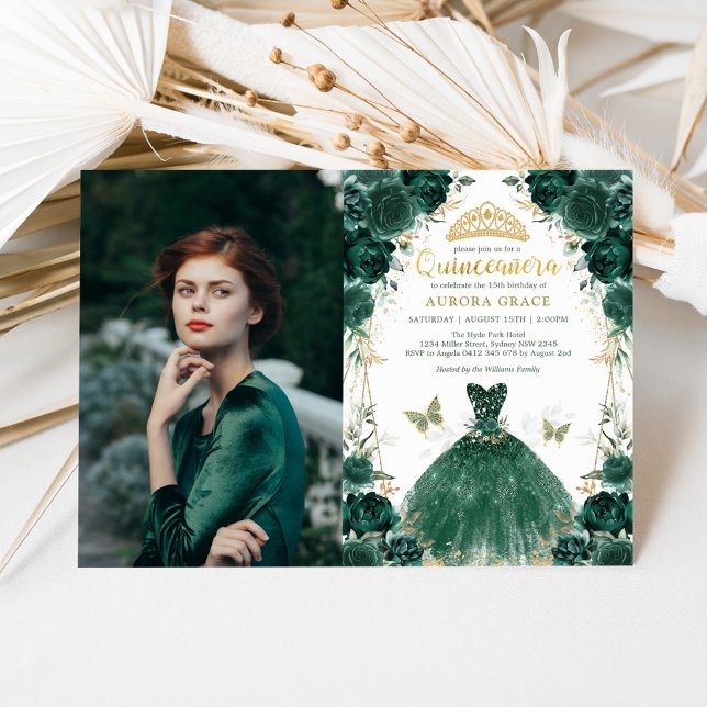 Invitación Floral verde esmeralda Quinceañera Princesa Foto (Subido por el creador)