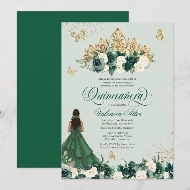 Invitación Floral verde esmeralda tiara + mariposa Quinceaner (Anverso / Reverso)