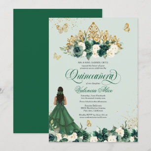 Invitación Floral verde esmeralda tiara + mariposa Quinceaner