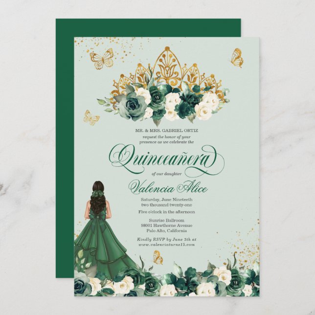 Invitación Floral verde esmeralda tiara + mariposa Quinceaner (Anverso / Reverso)
