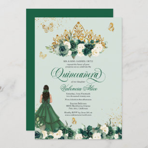 Invitación Floral verde esmeralda tiara + mariposa Quinceaner