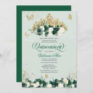 Invitación Floral verde esmeralda tiara + mariposa Quinceaner