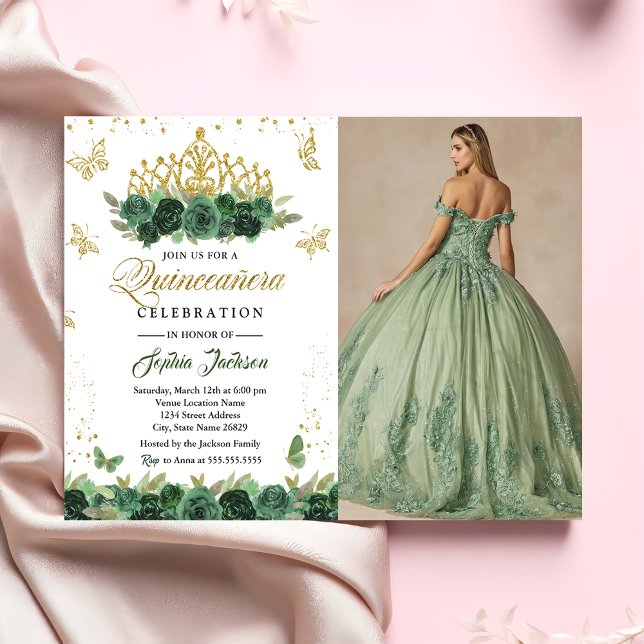 Invitación Floral verde esmeralda Tiara Mariposa Quinceanera (Subido por el creador)