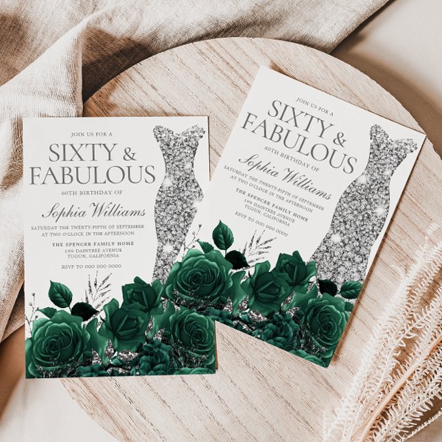 Invitación Floral verde esmeralda y vestido de plata 60 cumpl (Subido por el creador)