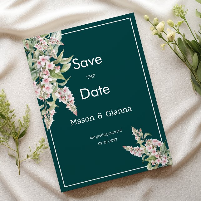 Invitación Floral verde mauve rosa botánico Guardar la fecha (Botanical pink mauve green floral Save the Date)