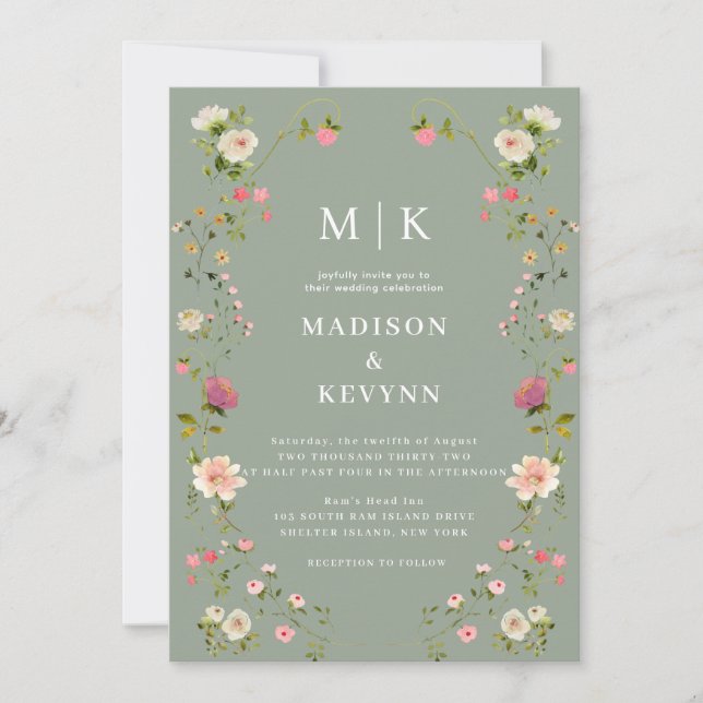 Invitación Floral verde mínima y de Moda | Boda (Anverso)
