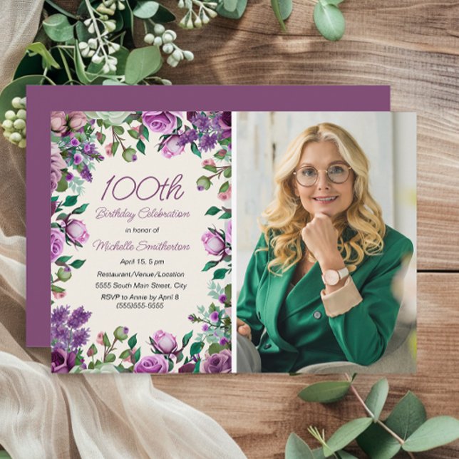 Invitación Floral verde morada de la menta 100.ª foto de cump (Purple and mint green floral 100th birthday party photo invitation)