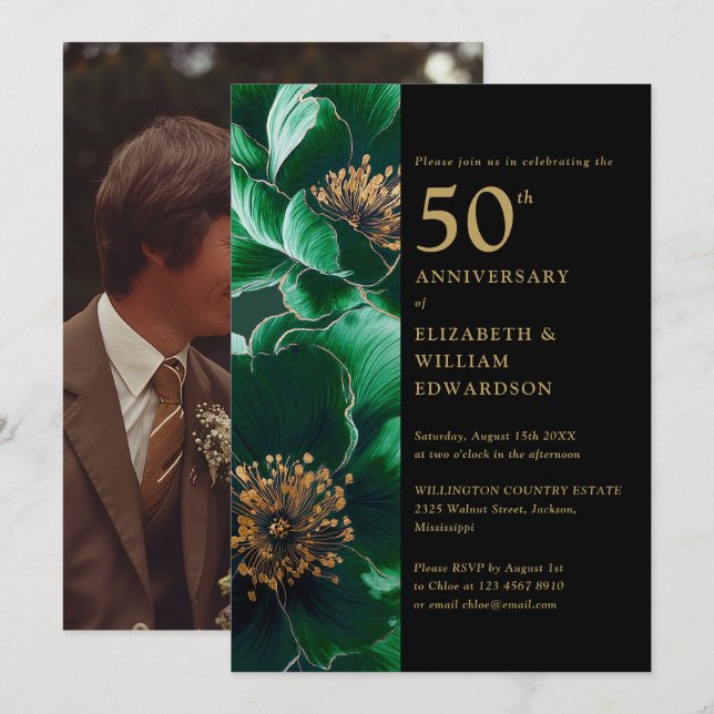 Invitación Floral verde negro y oro foto de 50 años (Anverso / Reverso)