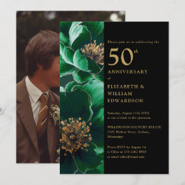 Invitación Floral verde negro y oro foto de 50 años